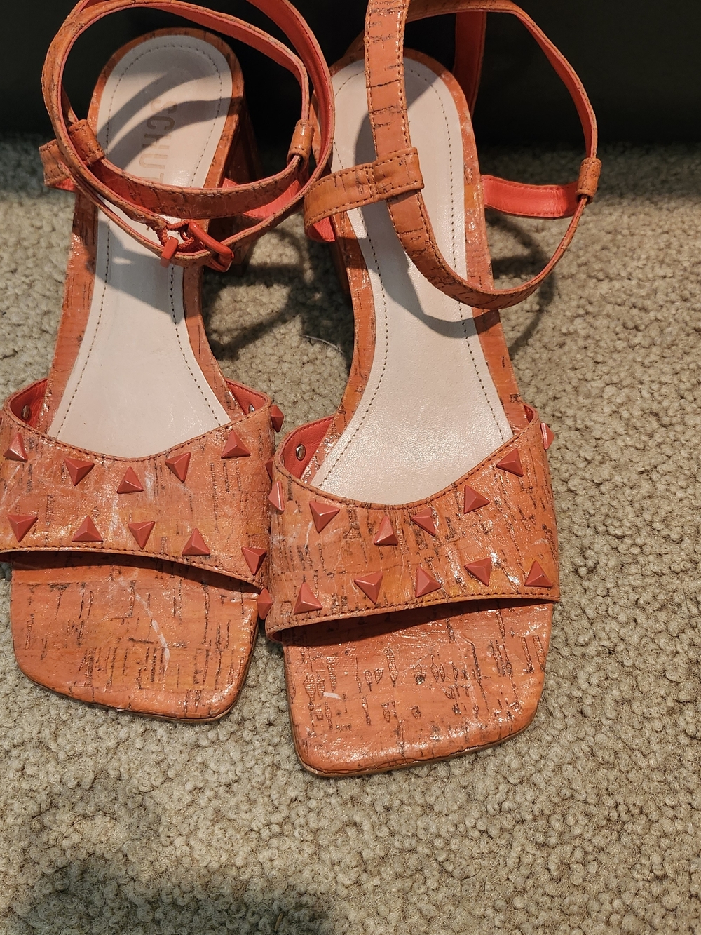 SCHUTZ Orange Studded Cork-Textured Ankle-Strap Heels